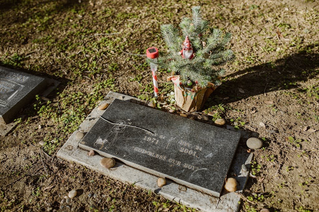 Gravestone adorned with a pine tree and decorations in a peaceful cemetery setting. Can you use vinegar to clean headstones.