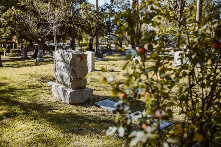 A peaceful cemetery scene with tombstones and trees under sunlight. Do you have to be embalmed.
